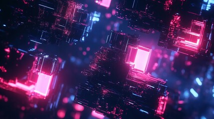 Fototapeta premium Dark blue and neon pink suspended holographic UI elements, cyber futuristic design, advanced technology interface with glowing digital particles, sci-fi innovation and virtual reality concept,