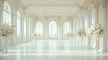 Elegant White Ballroom with Floral Arrangements