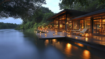 Obraz premium serene riverfront resort house with expansive wooden deck and glowing lanterns