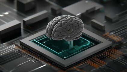 The concept of machine learning, stock, AI, deep learning, and blockchain is represented by a neural network, depicted as a brain made of shining wireframe above multiple blockchain CPUs on a circuit