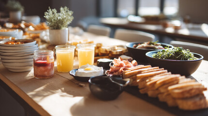 A breakfast buffet spread on a wooden table with juice, bread, fruit, and various other food items