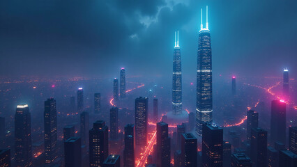 neon skyscrapers tower futuristic cityscape bathed vibrant light dark misty urban