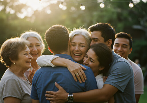 Family Hug Joyful Group Embracing Outdoors, Senior Mom, Son, Daughter, Celebration. Reunion, Happiness, Love, Togetherness.
