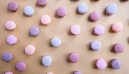 ベージュ色の背景に淡いラベンダーとピンクの水玉が不規則に並び、柔らかな色合いが落ち着きのある穏やかな印象を与える