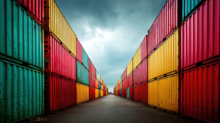 Fototapeta premium Colorful shipping containers aligned symmetry create striking visual effect, showcasing vibrant hues of red, yellow, and teal against moody sky