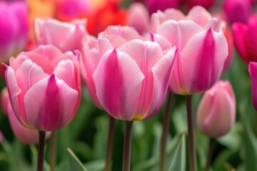 Fototapeta premium Close-up of blooming pink tulips in a vibrant spring garden with soft natural light and blurred floral background
