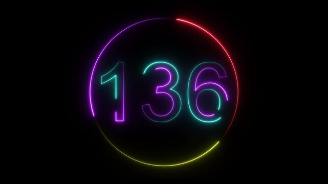 A dynamic circular animation, and glowing neon number 136 animation . on a black background. and creating a stunning video.4k video