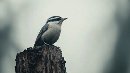 Obraz premium Perched Sentinel: A captivating close-up showcases a tiny bird perched atop a weathered tree stump, set against a soft, blurred backdrop. capturing its subtle beauty and quiet resilience.