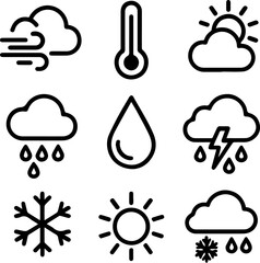 Set of 9 black and white minimal weather icons on transparent background