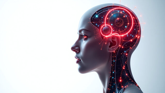 ometric shapes red neon lights symbolize artificial intelligence futuristic human head digital elements pure white