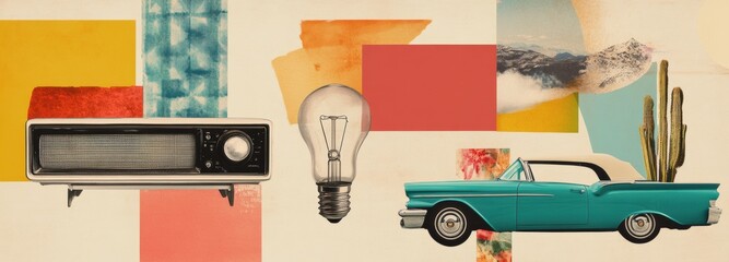 This artwork showcases a surreal mid-century collage with colorful geometric shapes, a vintage turquoise convertible car, an old radio, and lightbulb alongside desert details like cacti © Tamara
