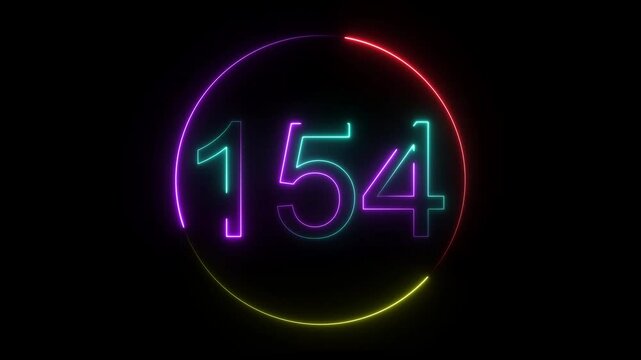 A dynamic circular animation, and glowing neon number 154 animation . on a black background. and creating a stunning video.4k video