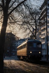 Naklejka premium A train is traveling down a track in a city
