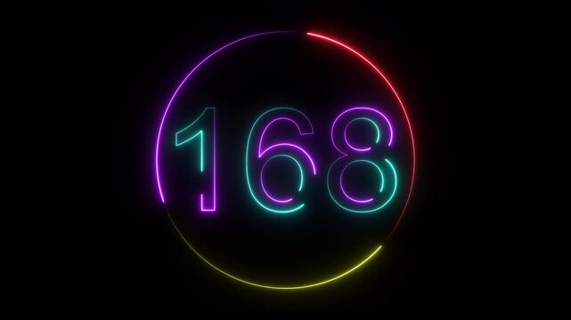 A dynamic circular animation, and glowing neon number 168 animation . on a black background. and creating a stunning video.4k video