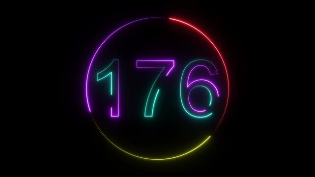 A dynamic circular animation, and glowing neon number 176 animation . on a black background. and creating a stunning video.4k video