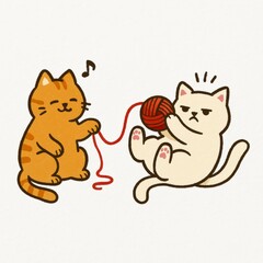 Playful Cats with Yarn and Musical Note, Cartoon Illustration of Two Felines Engaged in Fun Activity, Creative Art for Pet Lovers and Cat Enthusiasts