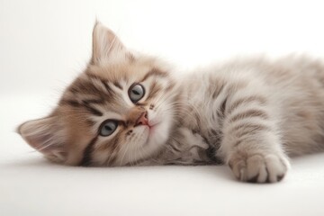 Adorable fluffy kitten resting peacefully on white background soft natural light captivating gaze isolated on transparent background