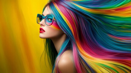 A girl with vibrant, multicoloured locks, showcasing modern hair colour trends, along with various hairdressing techniques and extensions, all coming together in a stylish haircut crafted in a salon