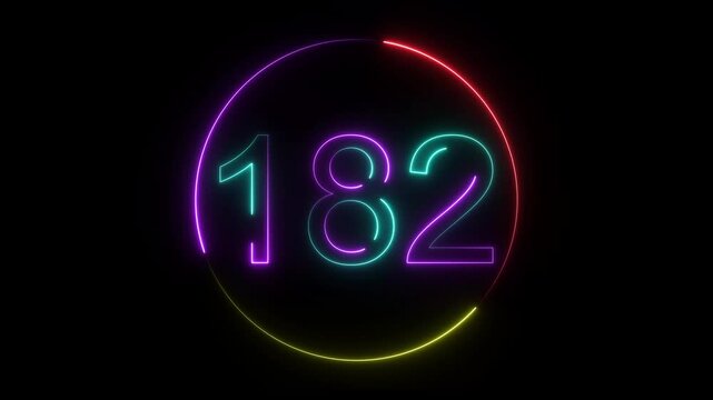 A dynamic circular animation, and glowing neon number 182 animation . on a black background. and creating a stunning video.4k video