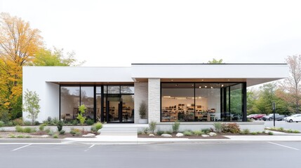 Modern retail store with large glass windows and clean white facade, situated on a quiet street with autumn foliage, and contemporary architecture concept.