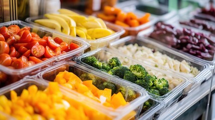 Freshly cut fruits and vegetables in clear containers