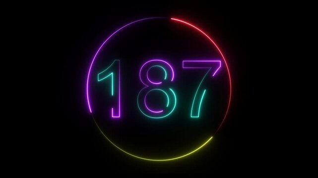 A dynamic circular animation, and glowing neon number 187 animation . on a black background. and creating a stunning video.4k video