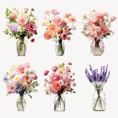 Fototapeta premium Bouquet of different flowers vase blossom isolated image set