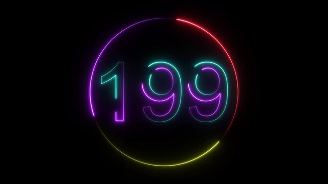 A dynamic circular animation, and glowing neon number 199 animation . on a black background. and creating a stunning video.4k video