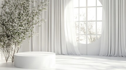 Minimalist white pedestal, cherry blossoms, sunlit window display