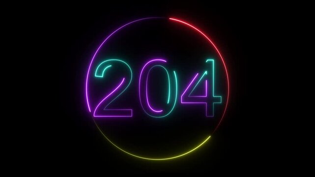 A dynamic circular animation, and glowing neon number 204 animation . on a black background. and creating a stunning video.4k video