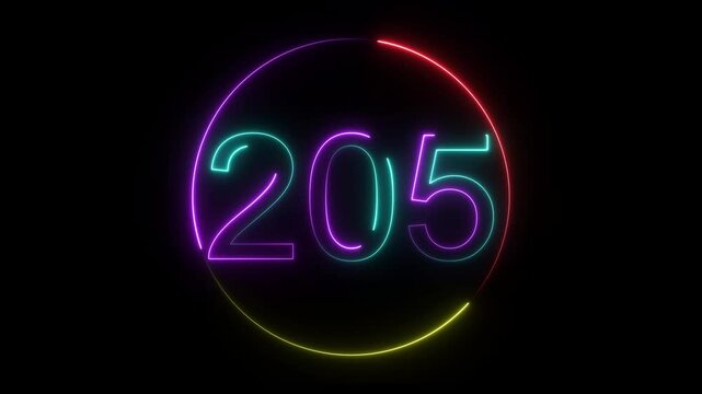 A dynamic circular animation, and glowing neon number 205 animation . on a black background. and creating a stunning video.4k video