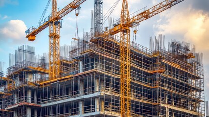 Construction Site Landscape: Urban Development with Tower Cranes Working at Sunset