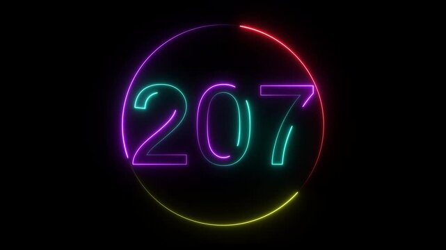 A dynamic circular animation, and glowing neon number 207 animation . on a black background. and creating a stunning video.4k video