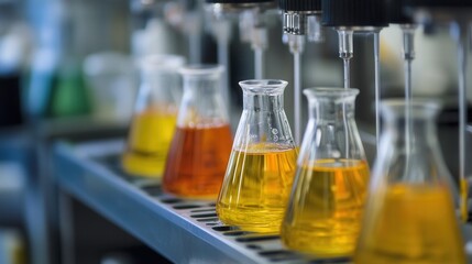 Laboratory beakers filled with various liquids on a conveyor belt