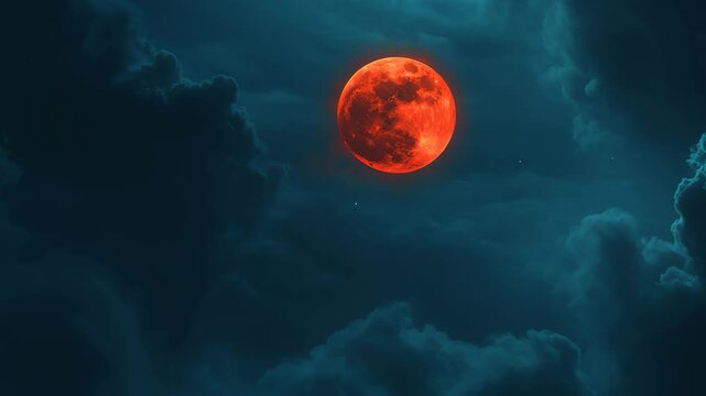 Bright red moon in a dark cloudy sky