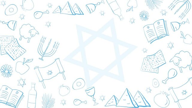 Frame with Passover holiday flat design blue thin line icons. Template with space for text on on white background. Loop animation.