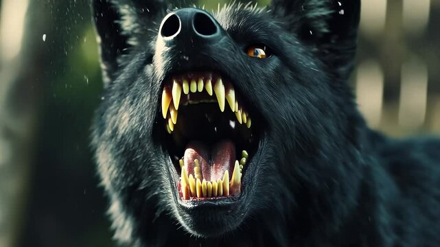 Black wolf with its teeth open. Portrait of black and white wolf dog with black face. Closeup of a young girl with a smile and a unique expression of teeth. A black wolf displaying lifestyle its.