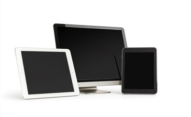 Digital Trio: A modern display of technological devices, showcasing a desktop computer, tablet, and smartphone in a clean, minimalist presentation, each screen ready for content.