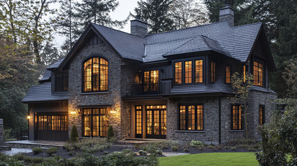 Elegant stone house with large windows and warm lighting in forest setting