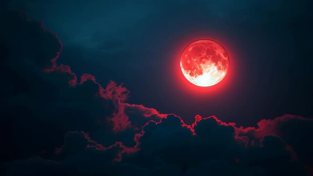 Bright red moon in a dark cloudy sky