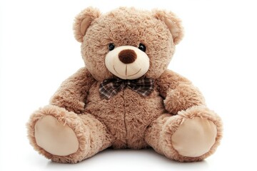 Adorable brown teddy bear plush toy soft fur charming bow tie white background isolated on transparent background