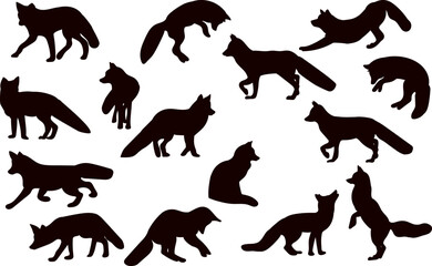 set of silhouette fox in different angles vector