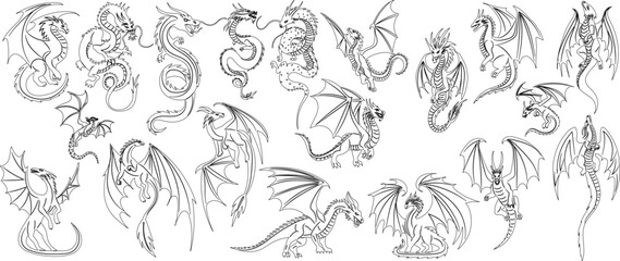 set sketch dragons flying vector