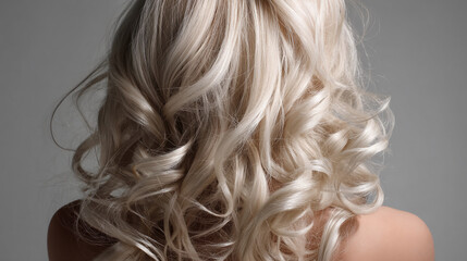 Fototapeta premium Close-up of blonde, curly hair texture, showcasing its softness and shine, representing beauty, style, and hair care products