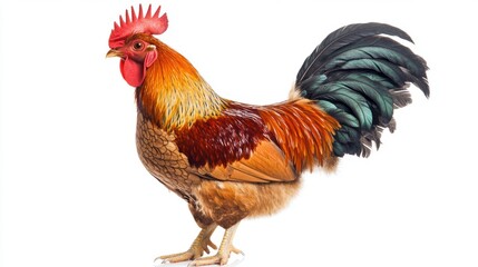 Fototapeta premium Vibrant Rooster Portrait: A detailed studio shot of a rooster with vivid plumage, the image perfectly captures the intricate details of its feathers and comb, with bright natural color.