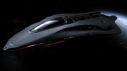 Futuristic spaceship in deep space, hovering near a planet.  Advanced design, sleek lines, dark grey hull, and red accents.  Detailed cockpit and engine components visible