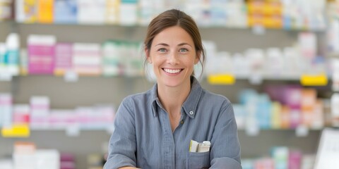 a pharmacy counter with medicines and a friendly pharmacist