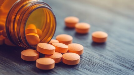Orange pills spilling from a brown bottle
