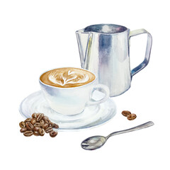 Cup of cappuccino coffee with foam, roasted beans, milk jug, spoon. Hand drawn watercolor illustration isolated on white. For greeting cards, invitations, labels, menus, covers, posters.
