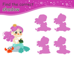 Matching activity find the correct shadow with cute mermaid. Fairytale marine quiz with cute mermaid. Find correct silhouette printable worksheet, game for kids. Vector isolated illustration